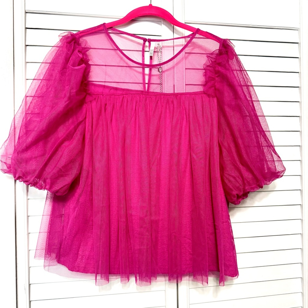 Kaktus Vibrant Pink Tulle Top With Puff Sleeve